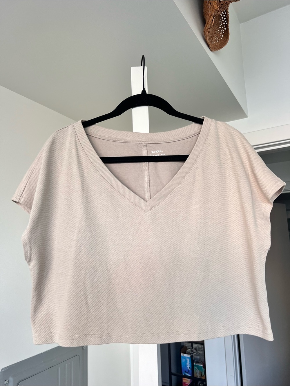 OGL V-Neck Boxy Oversized Cropped T-Shirt Beige Size Small